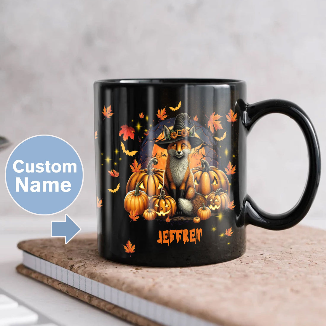 Personalized Halloween Fox Coffee Mug Custom Name Ceramic Cup 11Oz 15Oz Decor Gifts for Kids Friends Women Men Family Holiday