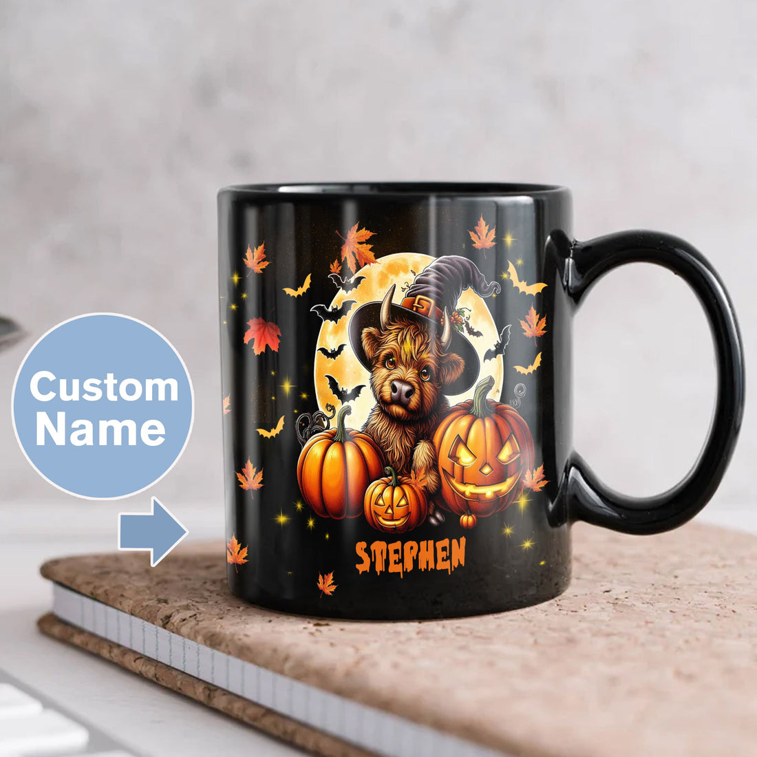 Personalized Halloween Highland Cow Coffee Mug Custom Name Ceramic Cup 11Oz 15Oz Decor Gifts for Kids Friends Women Men Family Holiday