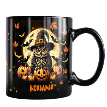 Personalized Halloween Owl Coffee Mug Custom Name Ceramic Cup 11Oz 15Oz Decor Gifts for Kids Friends Women Men Family Holiday