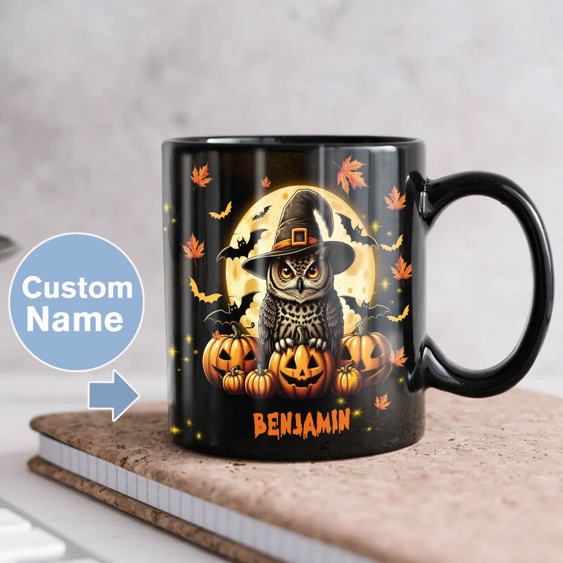 Personalized Halloween Owl Coffee Mug Custom Name Ceramic Cup 11Oz 15Oz Decor Gifts for Kids Friends Women Men Family Holiday