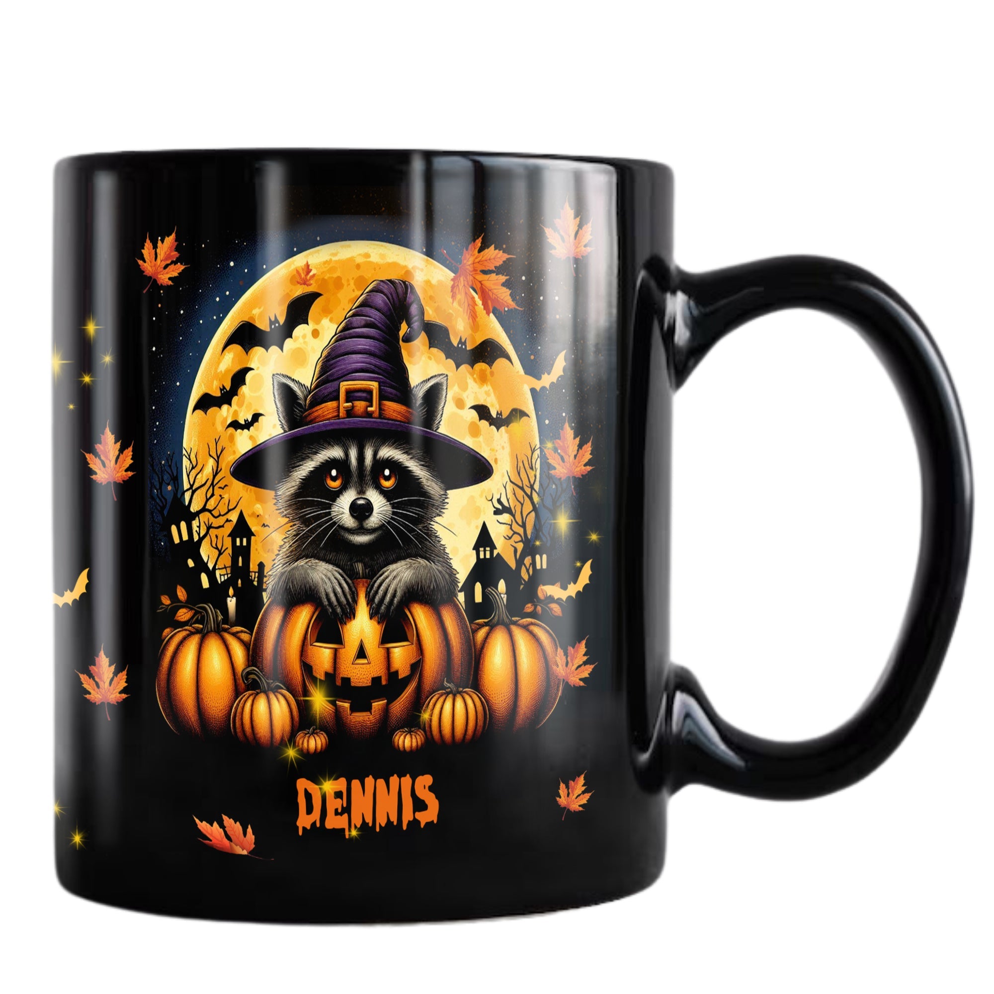 Personalized Halloween Raccoon Coffee Mug Custom Name Ceramic Cup 11Oz 15Oz Decor Gifts for Kids Friends Women Men Family Holiday