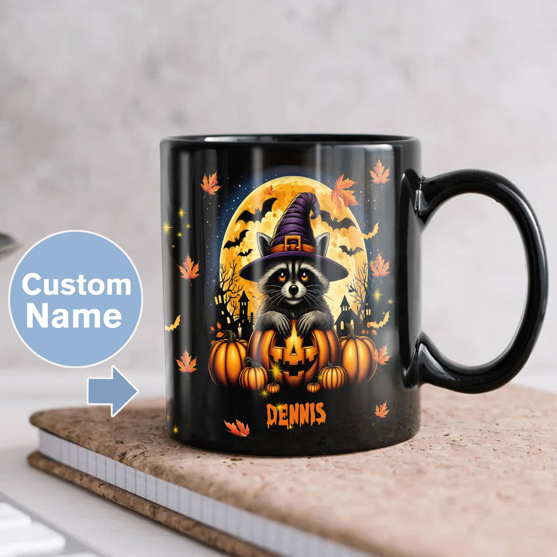 Personalized Halloween Raccoon Coffee Mug Custom Name Ceramic Cup 11Oz 15Oz Decor Gifts for Kids Friends Women Men Family Holiday