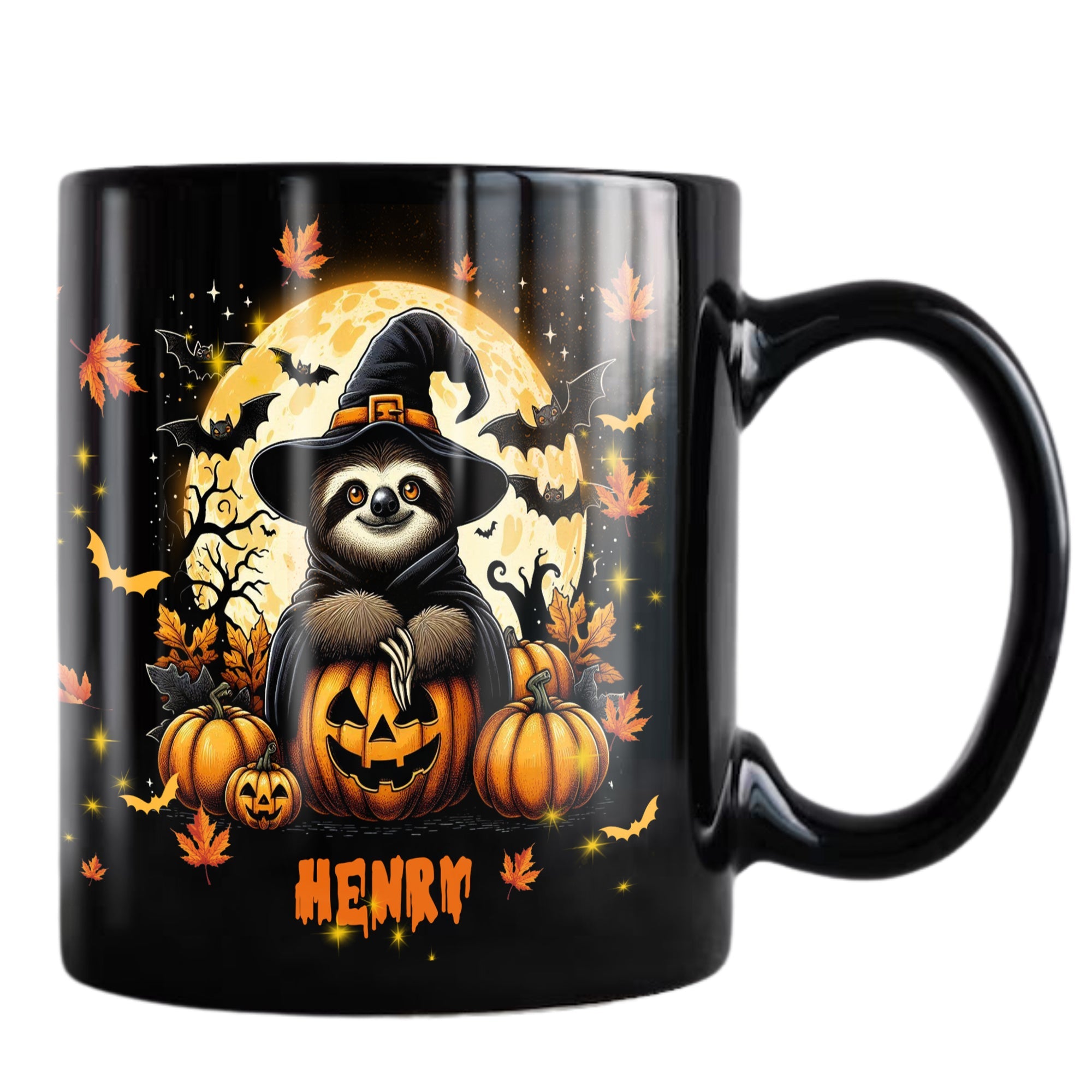 Personalized Halloween Sloth Coffee Mug Custom Name Ceramic Cup 11Oz 15Oz Decor Gifts for Kids Friends Women Men Family Holiday