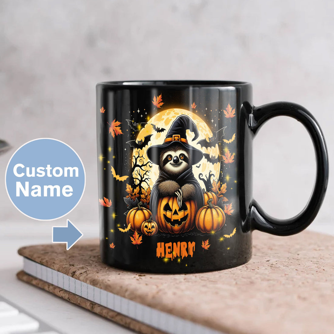 Personalized Halloween Sloth Coffee Mug Custom Name Ceramic Cup 11Oz 15Oz Decor Gifts for Kids Friends Women Men Family Holiday