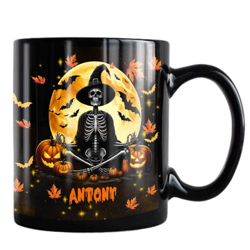 Personalized Skeleton Halloween Coffee Mug Custom Name Black Ceramic Cup 11Oz 15Oz Decor Gifts for Women Kids Friends Men Family Spooky Season