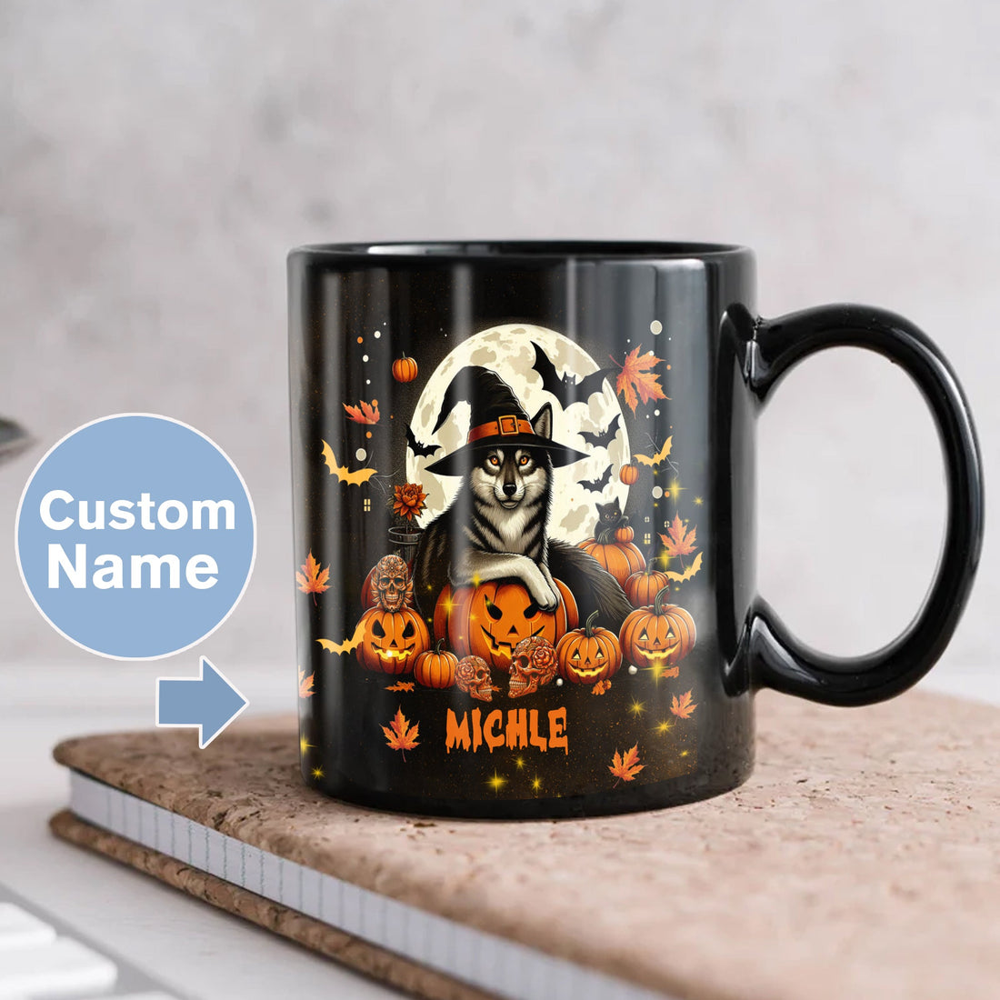 Personalized Wolf Halloween Coffee Mug Custom Name Black Ceramic Cup 11Oz 15Oz Decor Gifts for Kids Friends Women Men Family Spooky Season Holiday