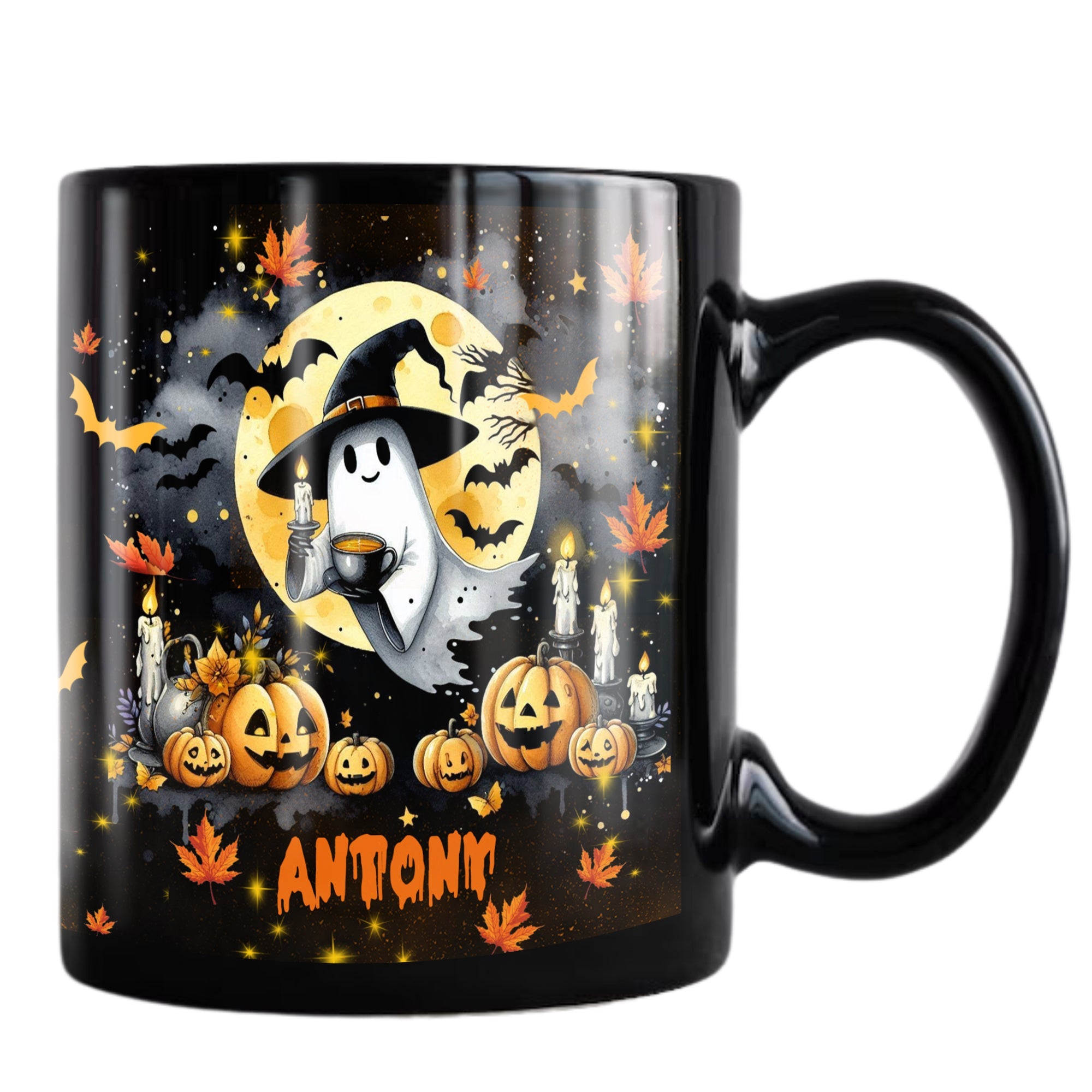 Personalized Boo Halloween Coffee Mug Custom Name Cute Ghost Black Ceramic Cup 11Oz 15Oz Decor Gifts for Kids Friends Women Men Family Spooky Season Holiday