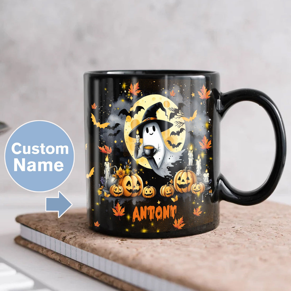 Personalized Boo Halloween Coffee Mug Custom Name Cute Ghost Black Ceramic Cup 11Oz 15Oz Decor Gifts for Kids Friends Women Men Family Spooky Season Holiday