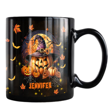 Personalized Pumpkin Halloween Coffee Mug Custom Name Black Ceramic Cup 11Oz 15Oz Decor Gifts for Kids Friends Women Men Family Spooky Season Holiday