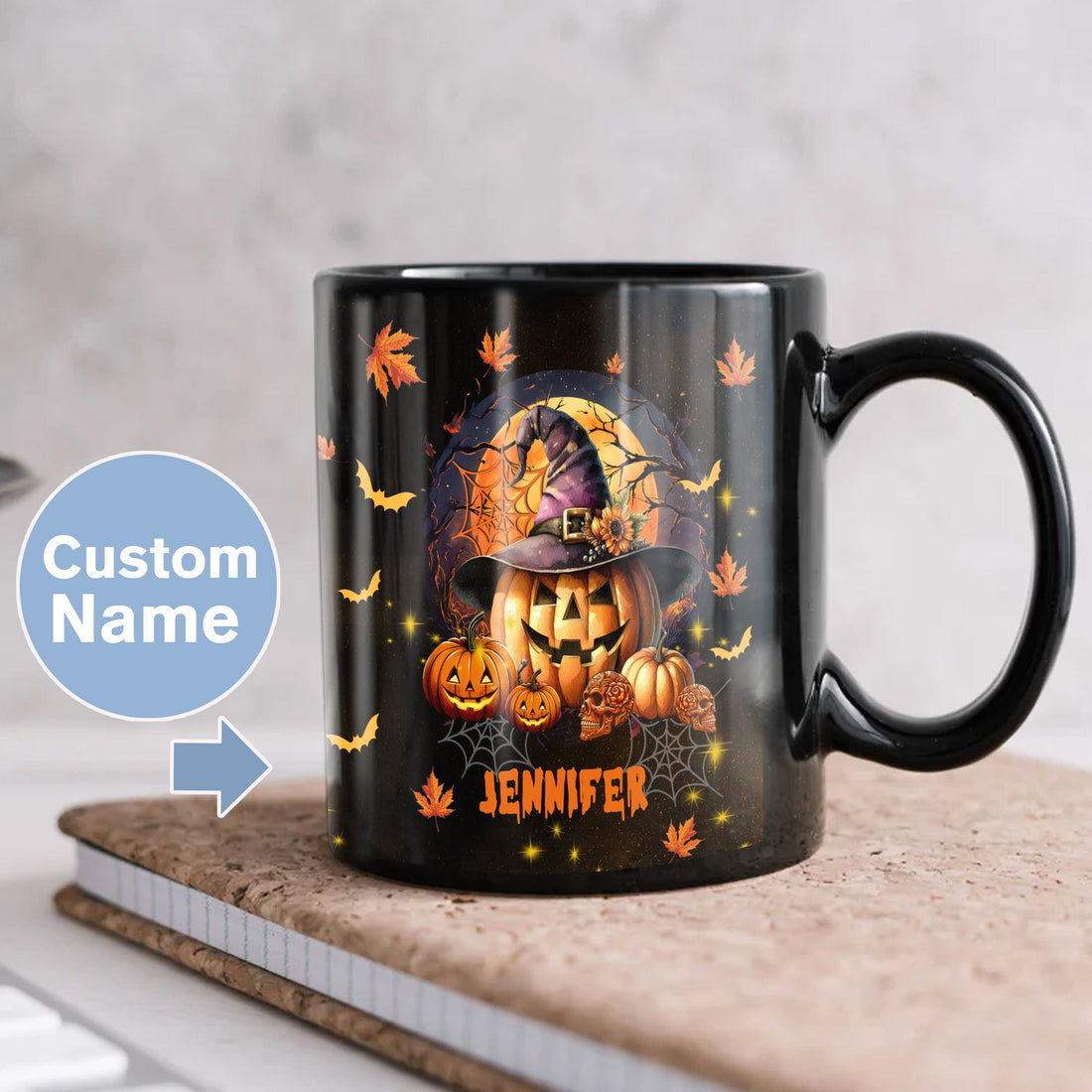 Personalized Pumpkin Halloween Coffee Mug Custom Name Black Ceramic Cup 11Oz 15Oz Decor Gifts for Kids Friends Women Men Family Spooky Season Holiday