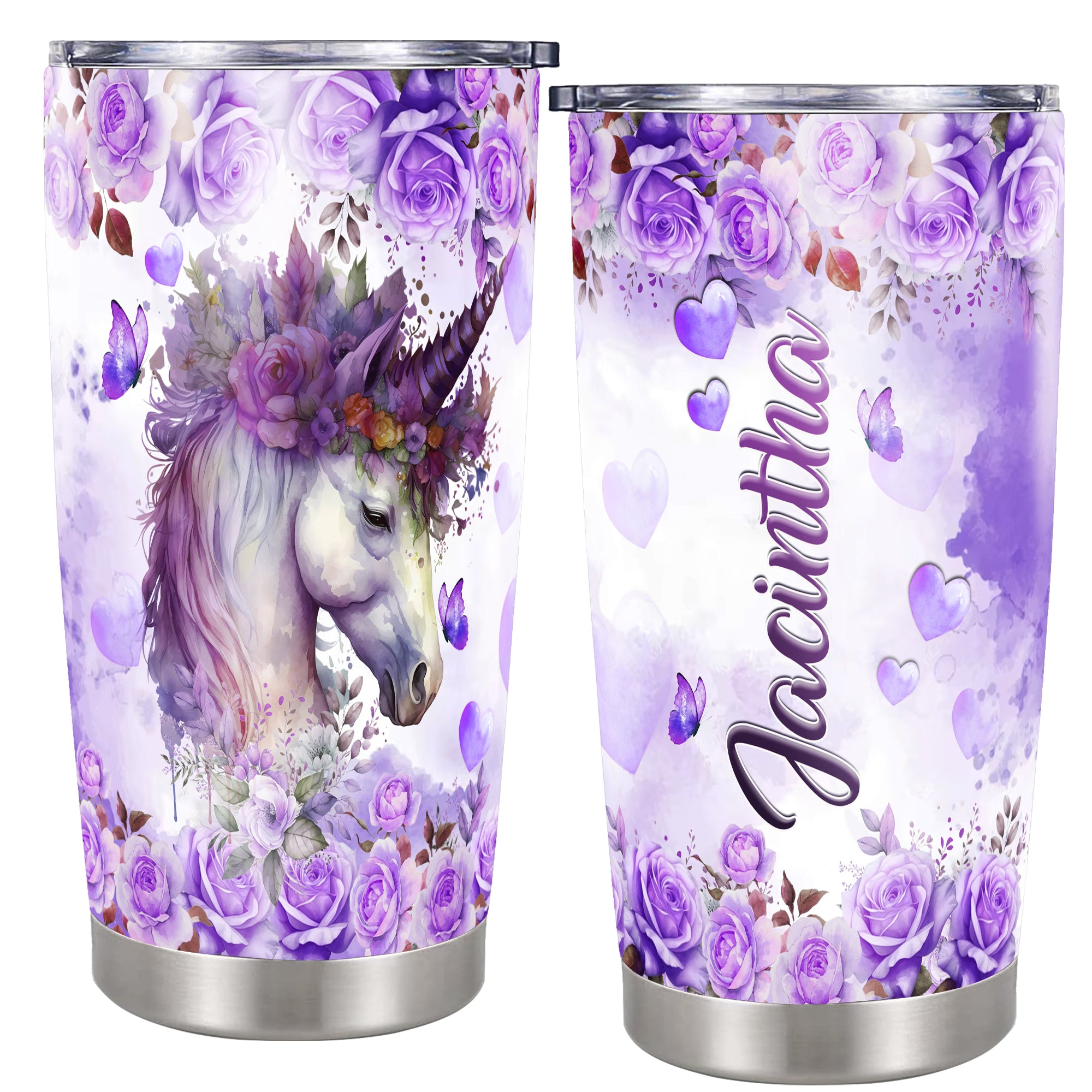 Personalized Unicorn Tumbler Customize Name Travel Mug Stainless Steel Tumblers Insulated Coffee Cute Cup With Lid Water Bottle For Girls Women Drinking Cups Gift Birthday