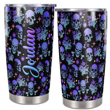 Personalized Halloween Tumbler Custom Name Skull Travel Mug Coffee Insulated Cup with Lid Stainless Steel 20Oz 30Oz Gifts for Women Men Kids Teen