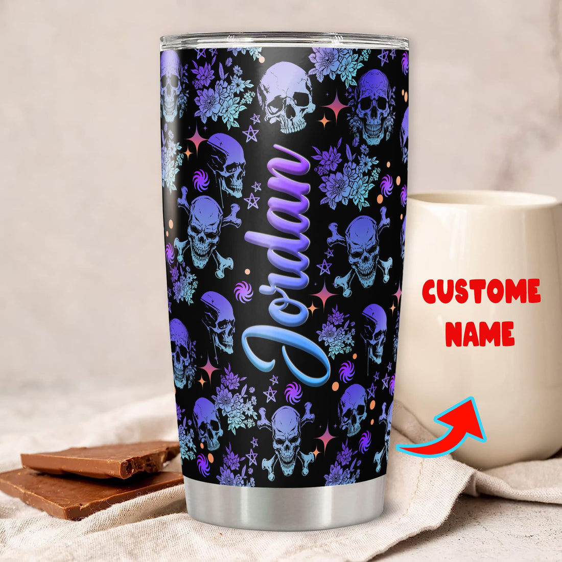 Personalized Halloween Tumbler Custom Name Skull Travel Mug Coffee Insulated Cup with Lid Stainless Steel 20Oz 30Oz Gifts for Women Men Kids Teen