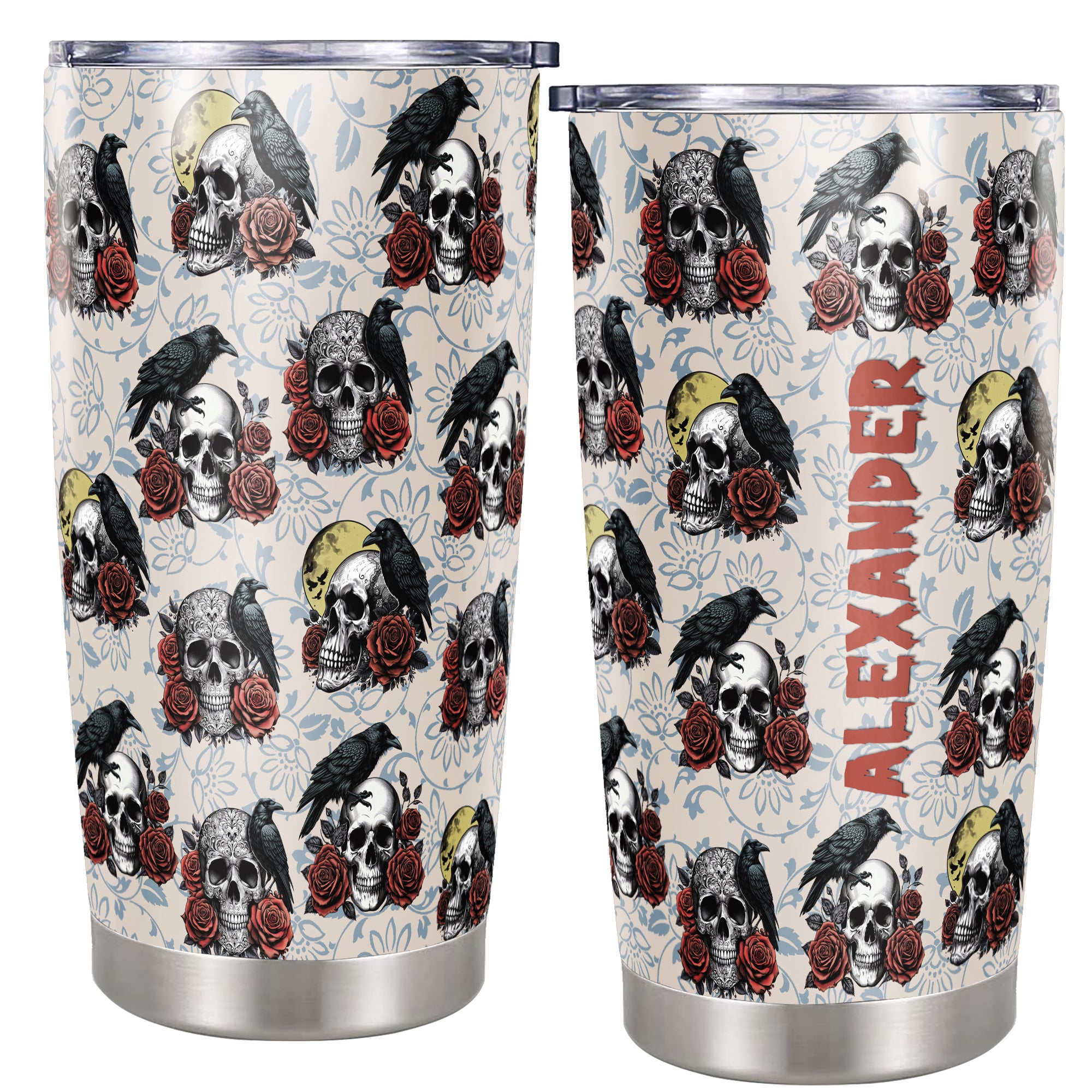 Personalized Halloween Raven Crow Tumbler Custom Name Travel Mug Coffee Insulated Cup with Lid Stainless Steel 20Oz 30Oz Gifts for Women Men Kids Teen Wild Lovers