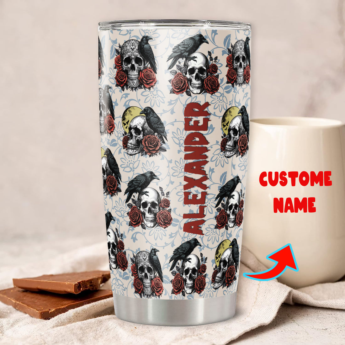 Personalized Halloween Raven Crow Tumbler Custom Name Travel Mug Coffee Insulated Cup with Lid Stainless Steel 20Oz 30Oz Gifts for Women Men Kids Teen Wild Lovers