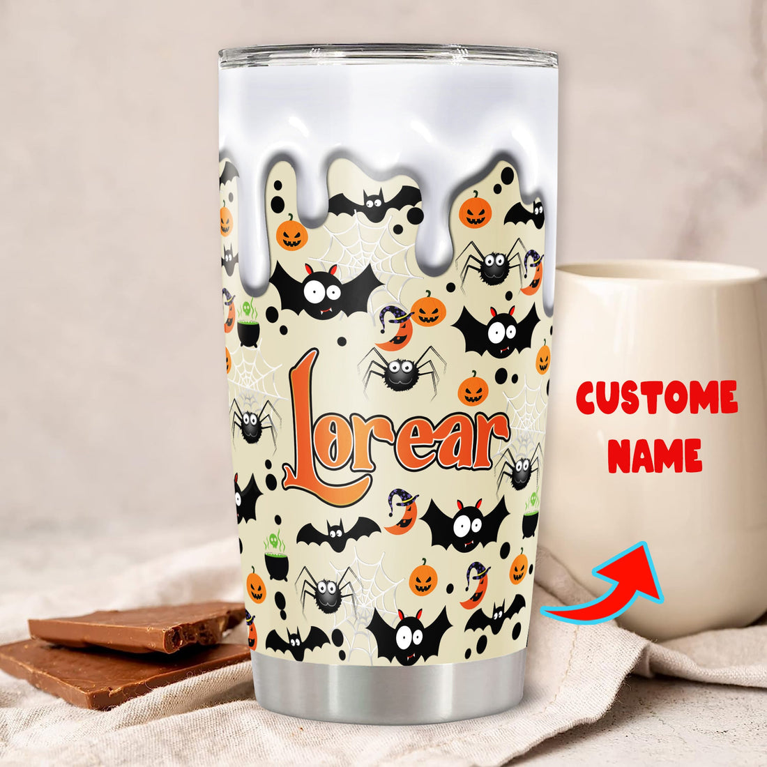 Personalized Bat Halloween Pattern Tumbler Custom Name Travel Mug Coffee Insulated Cup with Lid Stainless Steel 20Oz 30Oz Decor Gifts for Women Men Kids