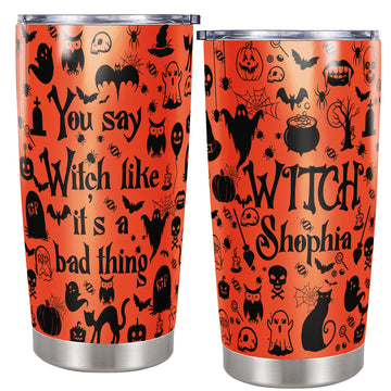 Personalized Halloween Tumbler Custom Name Witch Insulated Cup with Lid Travel Mug Coffee Stainless Steel 20Oz 30Oz Decor Gifts for Women Men Kids