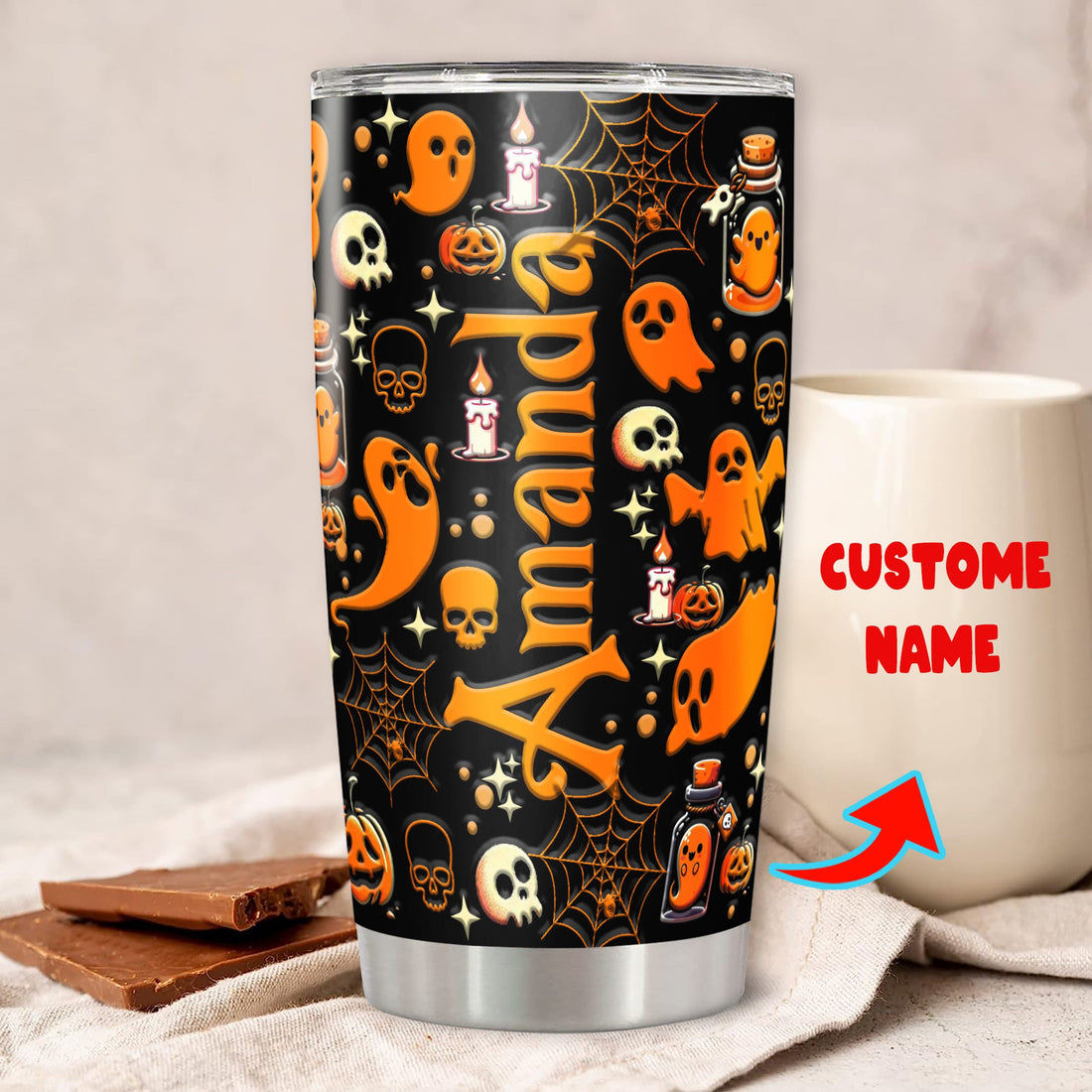 Personalized Ghost Halloween Tumbler Custom Name Insulated Cup with Lid Travel Mug Coffee Stainless Steel 20Oz 30Oz Decor Gifts for Women Men Kids