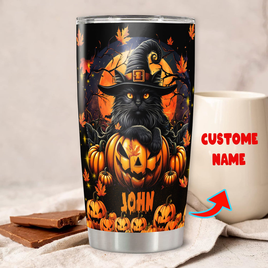 Personalized Halloween Black Cat Tumbler Custom Name Spooky Travel Mug Coffee Insulated Cup with Lid Stainless Steel 20Oz 30Oz Decor Gifts for Women Men Kids