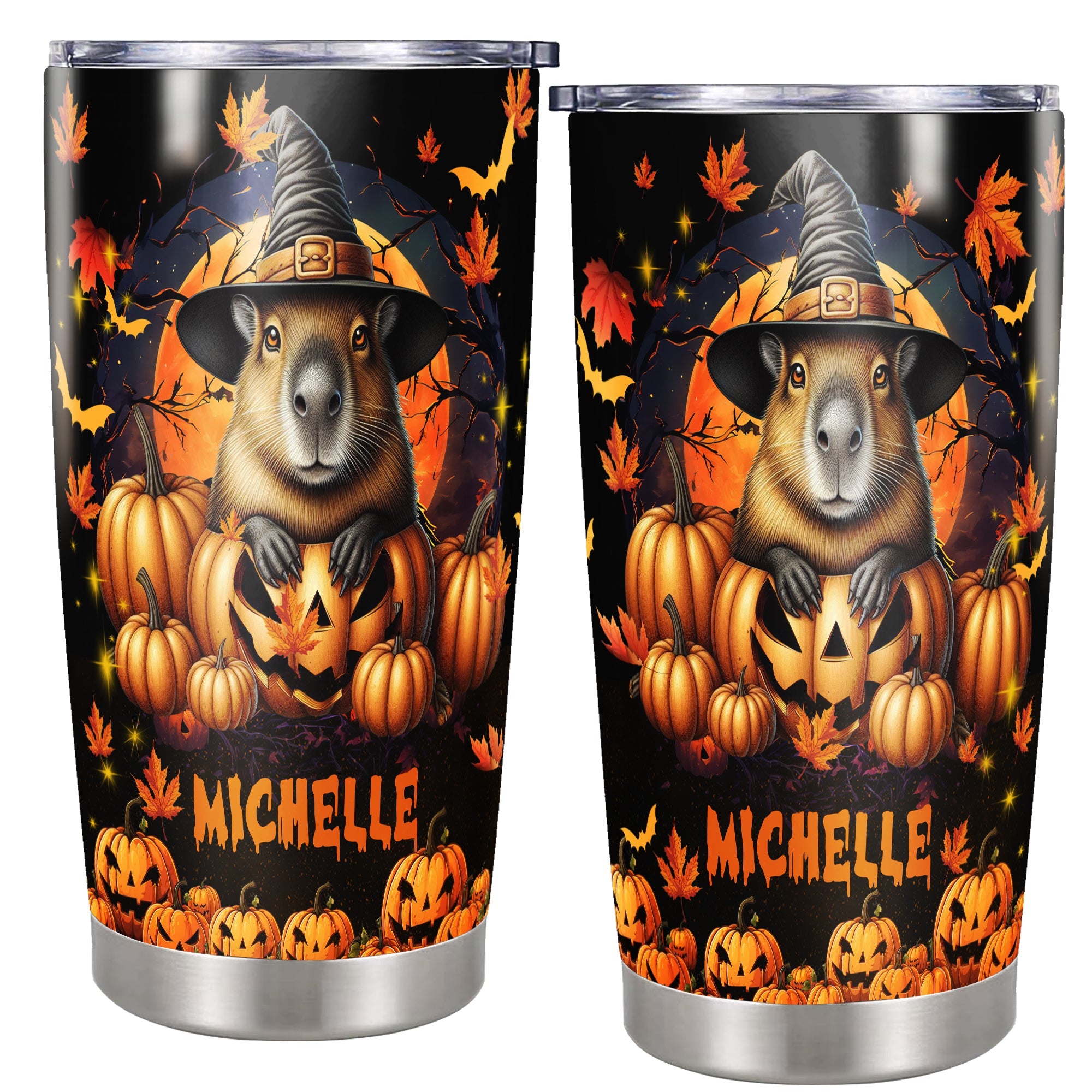 Personalized Halloween Capybara Tumbler Custom Name Travel Mug Coffee Insulated Cup with Lid Stainless Steel 20Oz 30Oz Decor Gifts for Women Men Kids