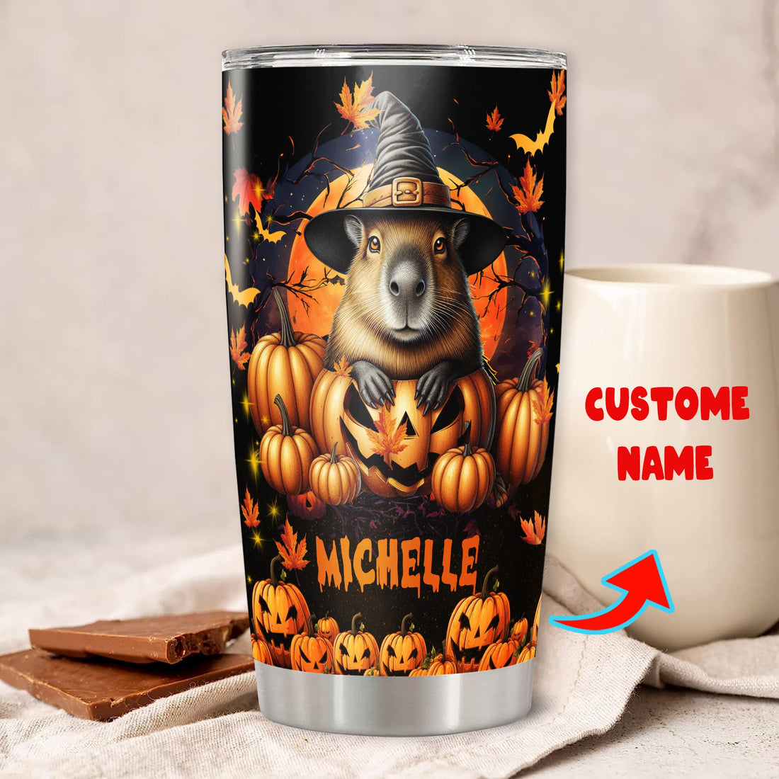 Personalized Halloween Capybara Tumbler Custom Name Travel Mug Coffee Insulated Cup with Lid Stainless Steel 20Oz 30Oz Decor Gifts for Women Men Kids