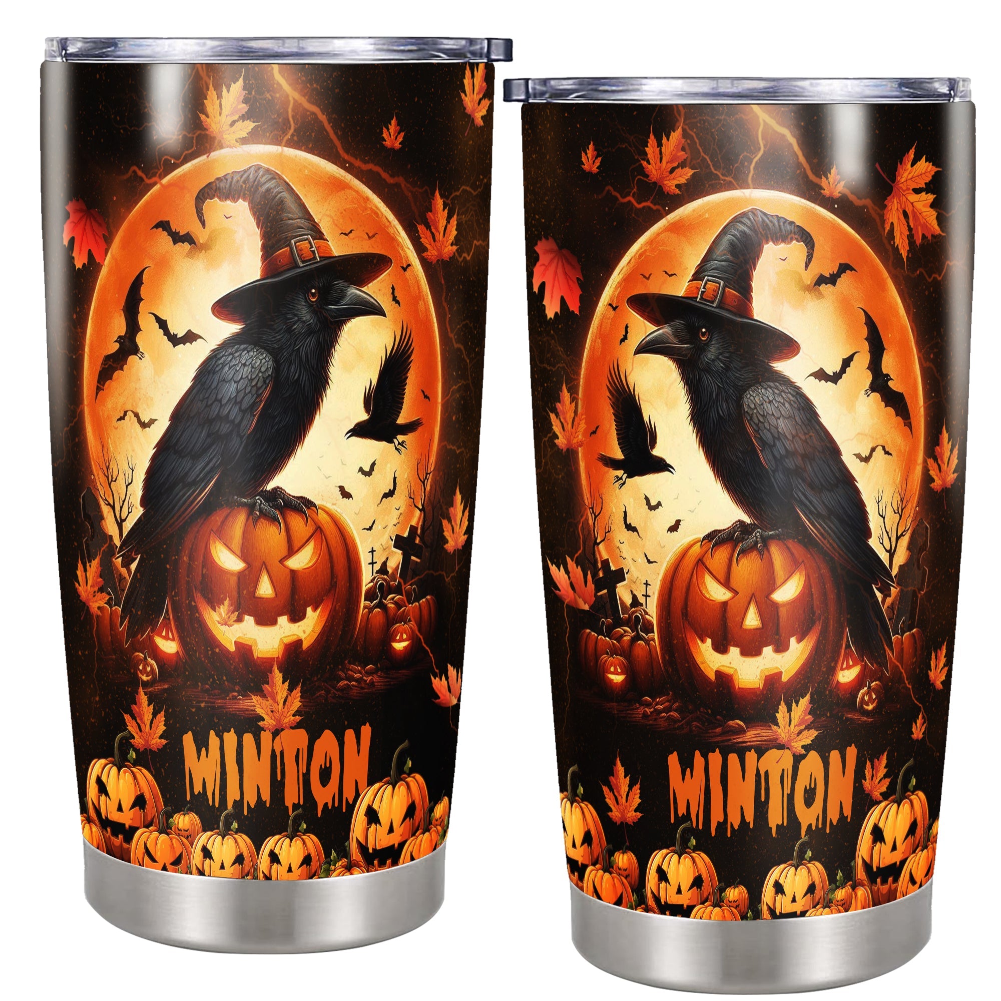 Personalized Halloween Raven Crow Tumbler Custom Name Travel Mug Coffee Insulated Cup with Lid Stainless Steel 20Oz 30Oz Decor Gifts for Women Men Kids