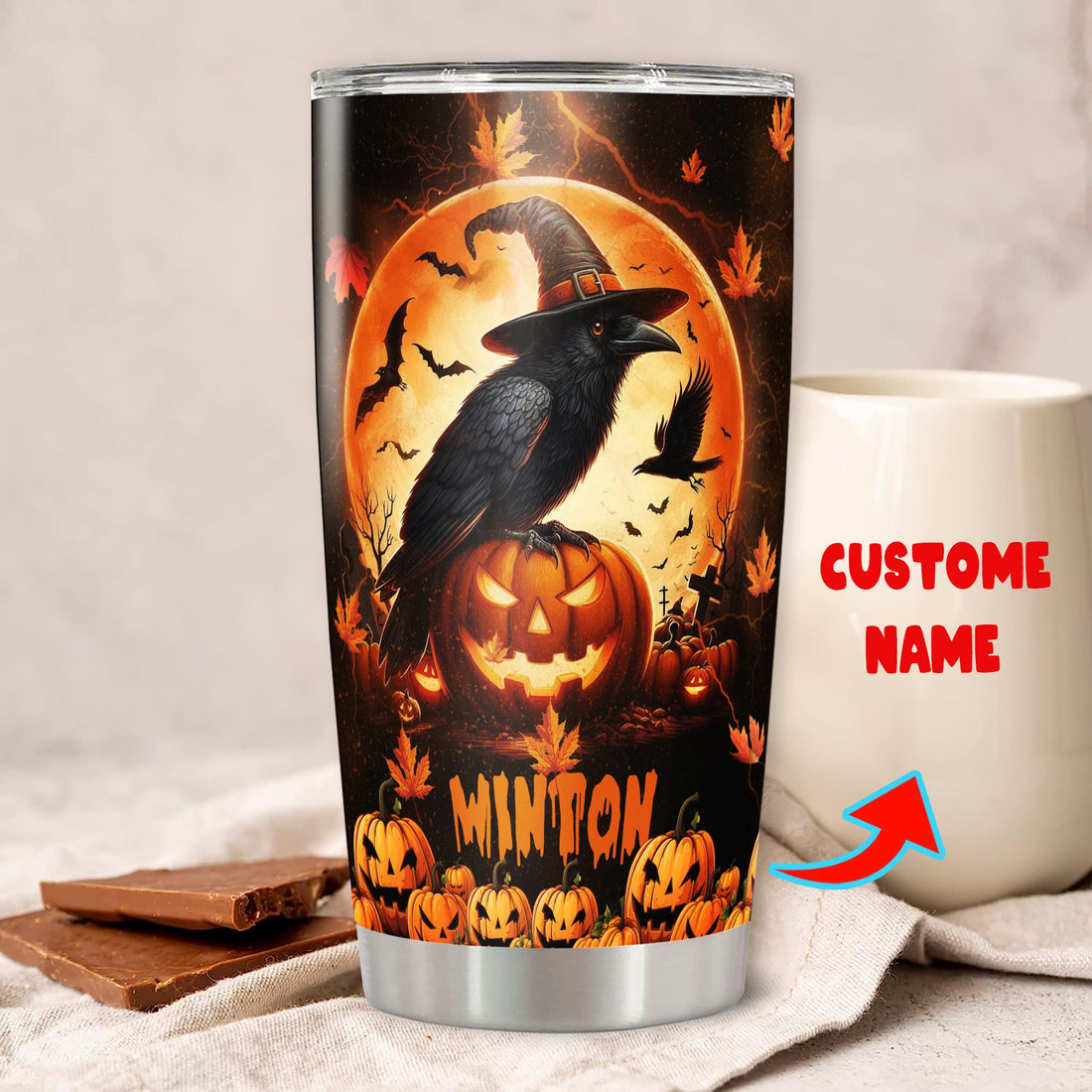 Personalized Halloween Raven Crow Tumbler Custom Name Travel Mug Coffee Insulated Cup with Lid Stainless Steel 20Oz 30Oz Decor Gifts for Women Men Kids