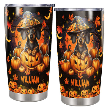 Personalized Halloween Dachshund Tumbler Custom Name Dog Travel Mug Coffee Insulated Cup with Lid Stainless Steel 20Oz 30Oz Decor Gifts for Women Men Kids