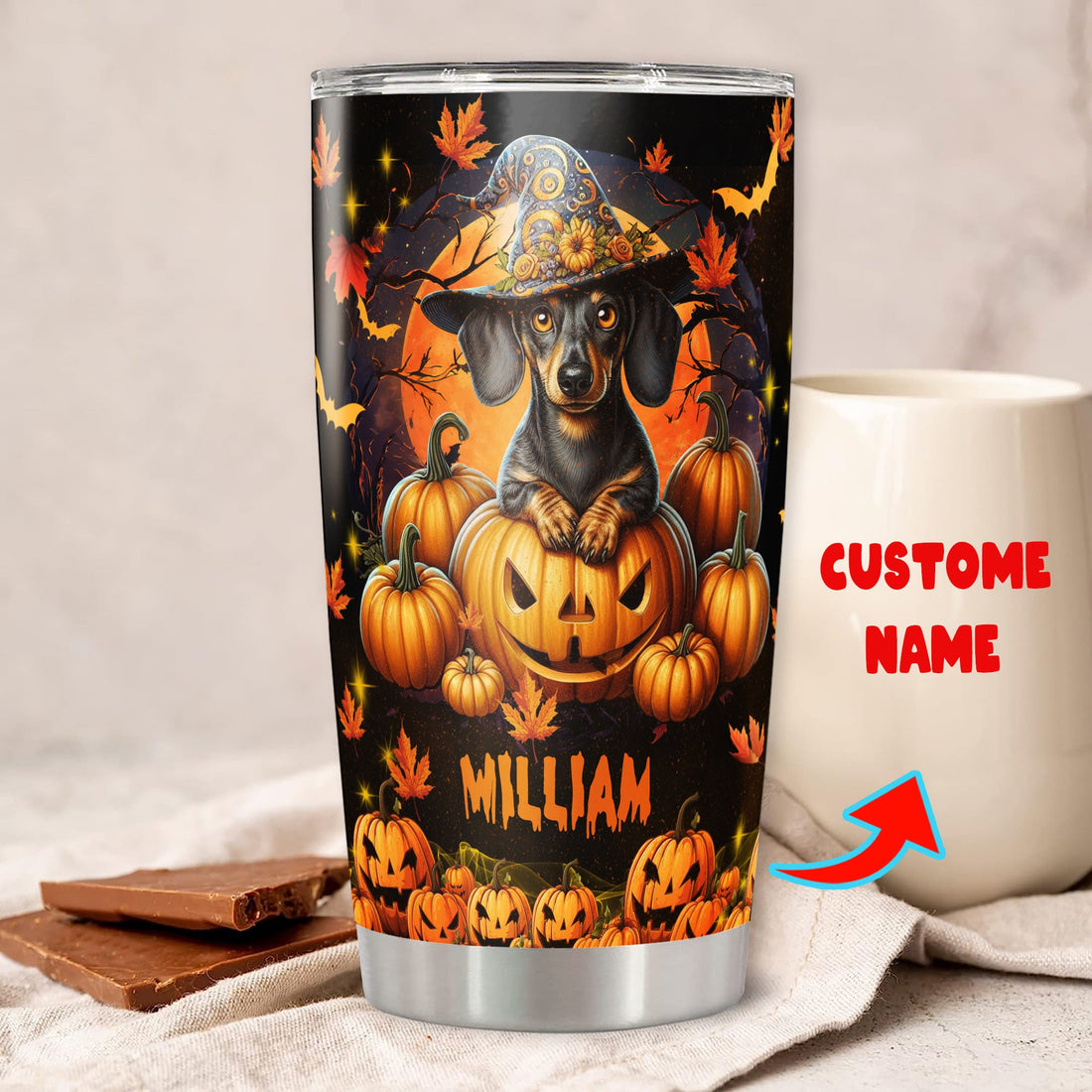 Personalized Halloween Dachshund Tumbler Custom Name Dog Travel Mug Coffee Insulated Cup with Lid Stainless Steel 20Oz 30Oz Decor Gifts for Women Men Kids