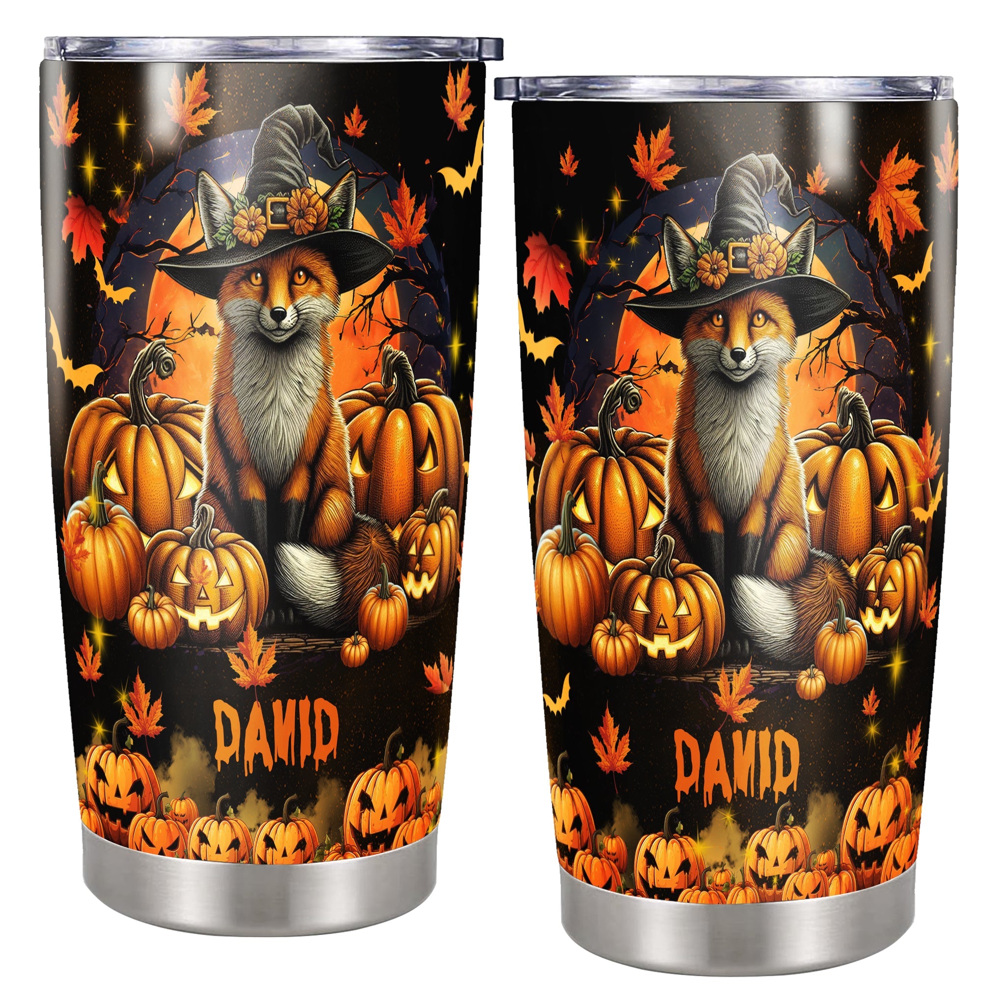 Personalized Halloween Fox Tumbler Custom Name Travel Mug Coffee Insulated Cup with Lid Stainless Steel 20Oz 30Oz Decor Gifts for Women Men Kids