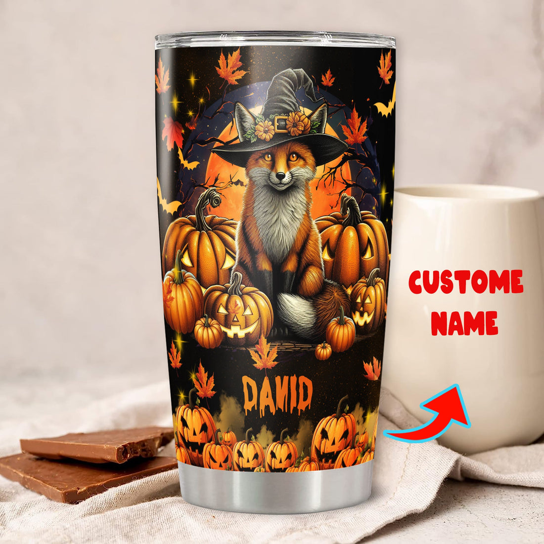 Personalized Halloween Fox Tumbler Custom Name Travel Mug Coffee Insulated Cup with Lid Stainless Steel 20Oz 30Oz Decor Gifts for Women Men Kids