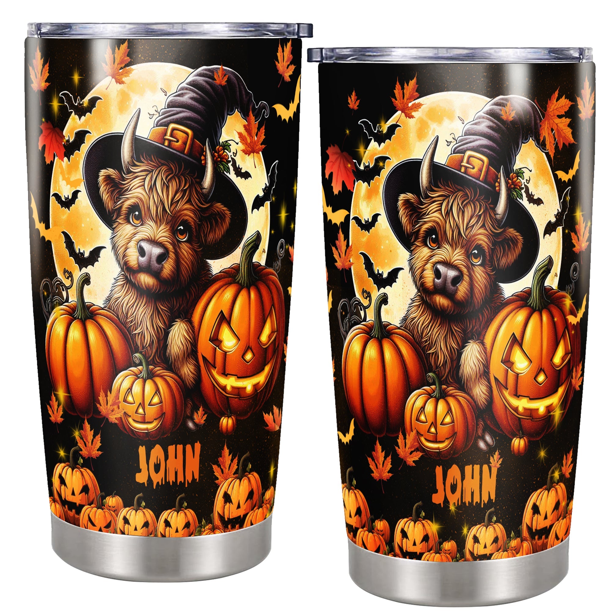 Personalized Halloween Highland Cow Tumbler Custom Name Travel Mug Coffee Insulated Cup with Lid Stainless Steel 20Oz 30Oz Decor Gifts for Women Men Kids