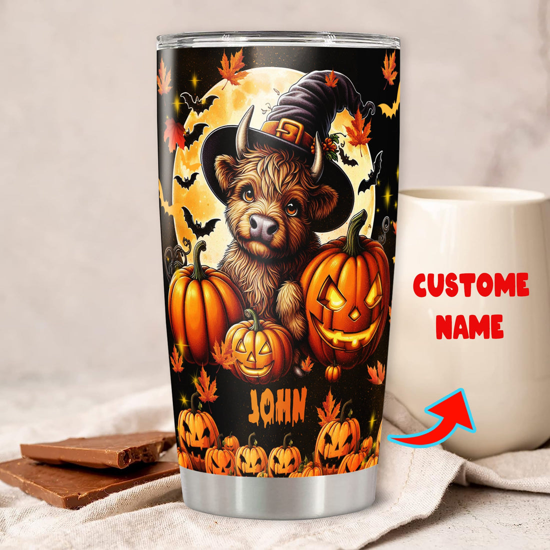 Personalized Halloween Highland Cow Tumbler Custom Name Travel Mug Coffee Insulated Cup with Lid Stainless Steel 20Oz 30Oz Decor Gifts for Women Men Kids