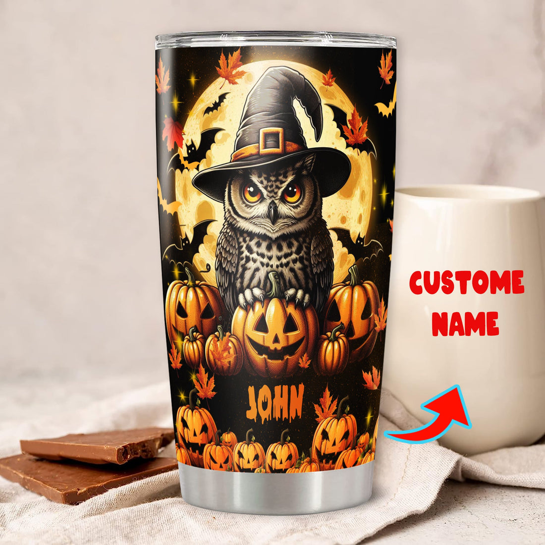 Personalized Halloween Owl Tumbler Custom Name Travel Mug Coffee Insulated Cup with Lid Stainless Steel 20Oz 30Oz Decor Gifts for Women Men Kids