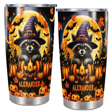 Personalized Halloween Raccoon Tumbler Custom Name Travel Mug Coffee Insulated Cup with Lid Stainless Steel 20Oz 30Oz Decor Gifts for Women Men Kids