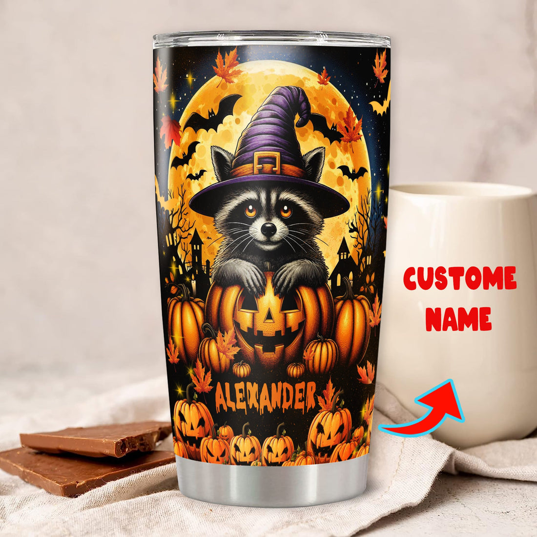 Personalized Halloween Raccoon Tumbler Custom Name Travel Mug Coffee Insulated Cup with Lid Stainless Steel 20Oz 30Oz Decor Gifts for Women Men Kids