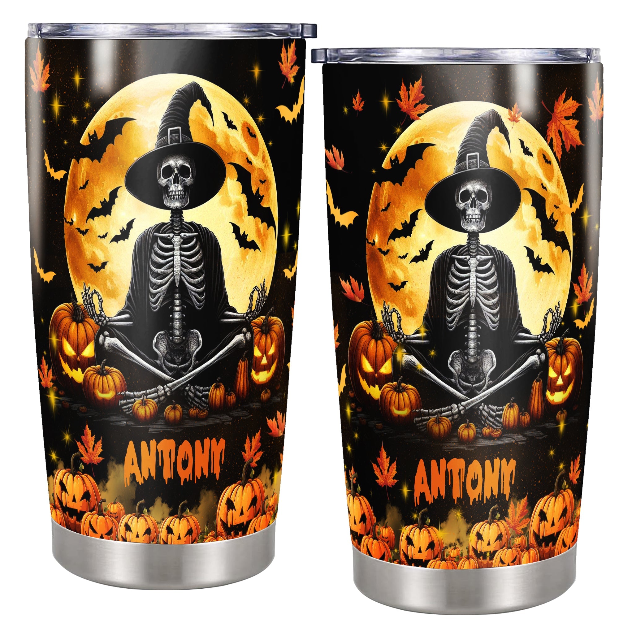 Personalized Skeleton Halloween Tumbler Custom Name Travel Mug Coffee Insulated Cup with Lid Stainless Steel 20Oz 30Oz Decor Gifts for Women Men Kids