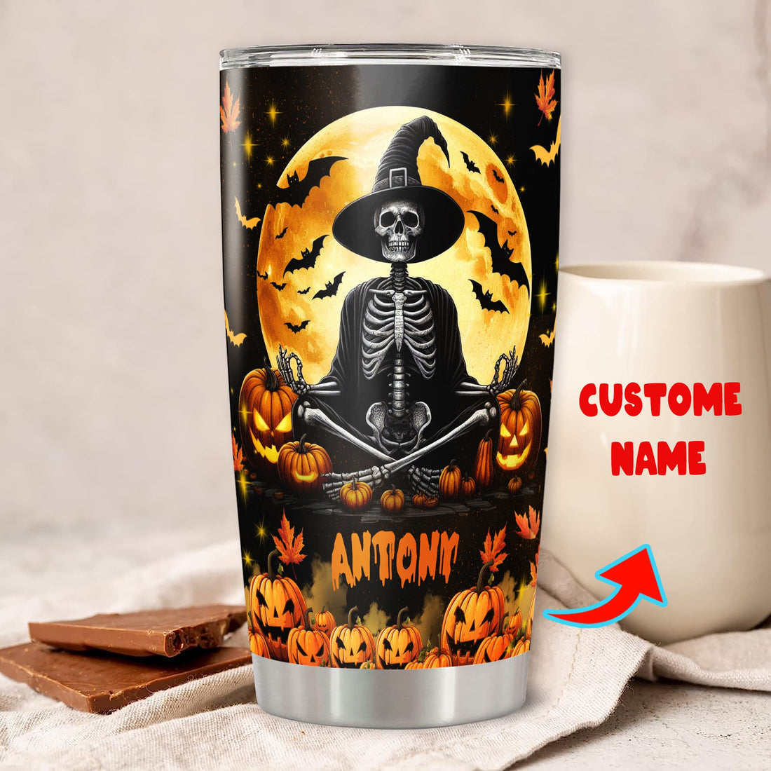 Personalized Skeleton Halloween Tumbler Custom Name Travel Mug Coffee Insulated Cup with Lid Stainless Steel 20Oz 30Oz Decor Gifts for Women Men Kids