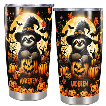 Personalized Sloth Halloween Tumbler Custom Name Travel Mug Coffee Insulated Cup with Lid Stainless Steel 20Oz 30Oz Decor Gifts for Women Men Kids