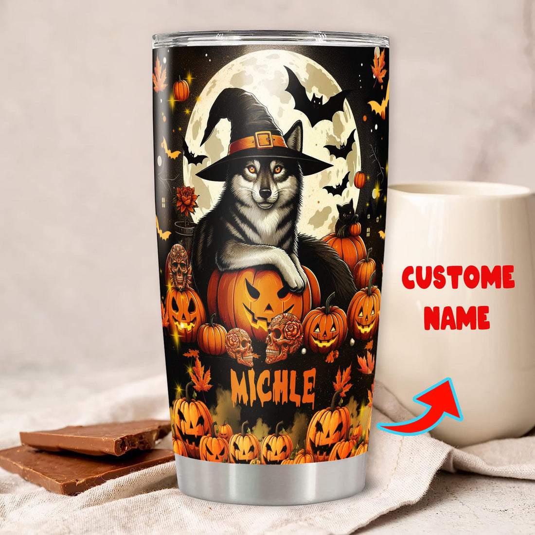 Personalized Wolf Halloween Tumbler Custom Name Travel Mug Coffee Insulated Cup with Lid Stainless Steel 20Oz 30Oz Decor Gifts for Men Women Kids