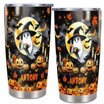 Personalized Cute Ghost Halloween Tumbler Custom Name Travel Mug Coffee Insulated Cup with Lid Stainless Steel 20Oz 30Oz Decor Gifts for Men Women Kids