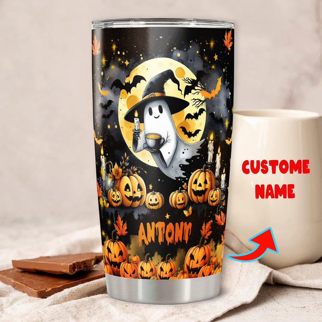 Personalized Cute Ghost Halloween Tumbler Custom Name Travel Mug Coffee Insulated Cup with Lid Stainless Steel 20Oz 30Oz Decor Gifts for Men Women Kids