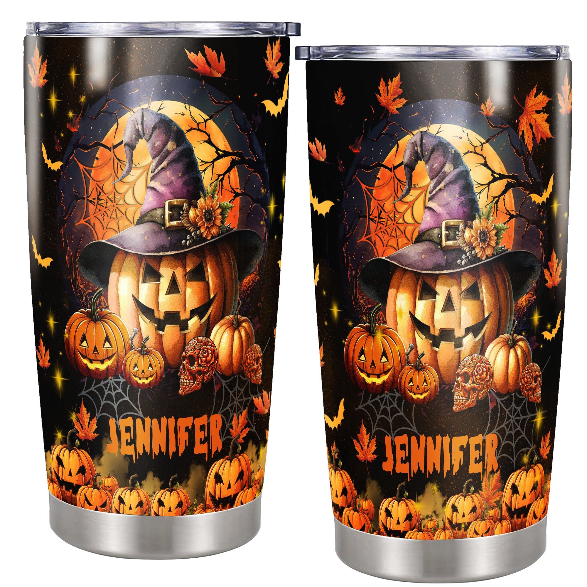 Personalized Pumpkin Halloween Tumbler Custom Name Travel Mug Coffee Insulated Cup with Lid Stainless Steel 20Oz 30Oz Decor Gifts for Men Women Kids