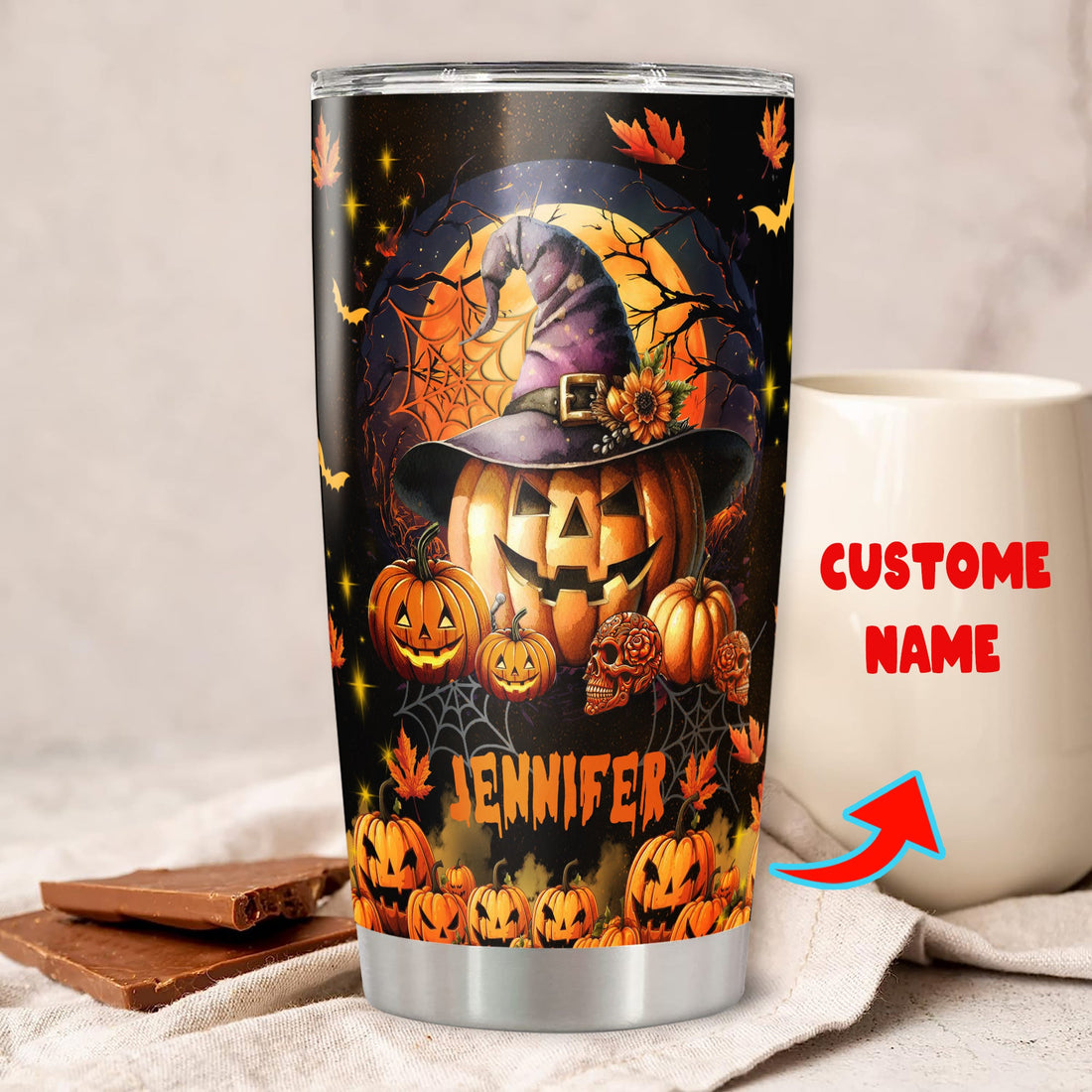 Personalized Pumpkin Halloween Tumbler Custom Name Travel Mug Coffee Insulated Cup with Lid Stainless Steel 20Oz 30Oz Decor Gifts for Men Women Kids