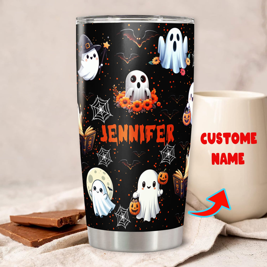 Personalized Ghost Halloween Tumbler Custom Name Boo Travel Mug Coffee Insulated Cup with Lid Stainless Steel 20Oz 30Oz Gifts for Women Girls Spooky Season