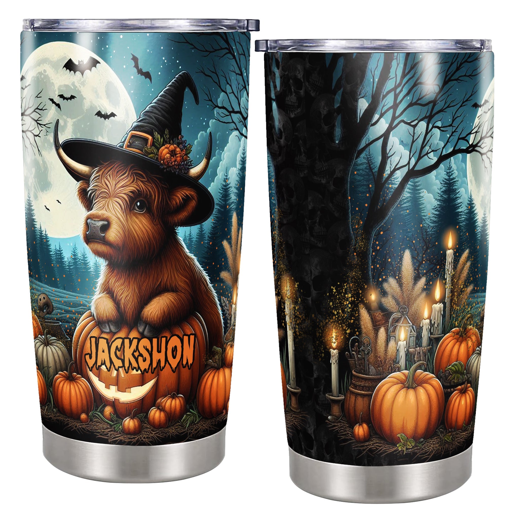 Personalized Highland Cow Halloween Tumbler Custom Name Cows Travel Mug Coffee Insulated Cup with Lid Stainless Steel 20Oz 30Oz Gifts for Women Men Girls Spooky Season