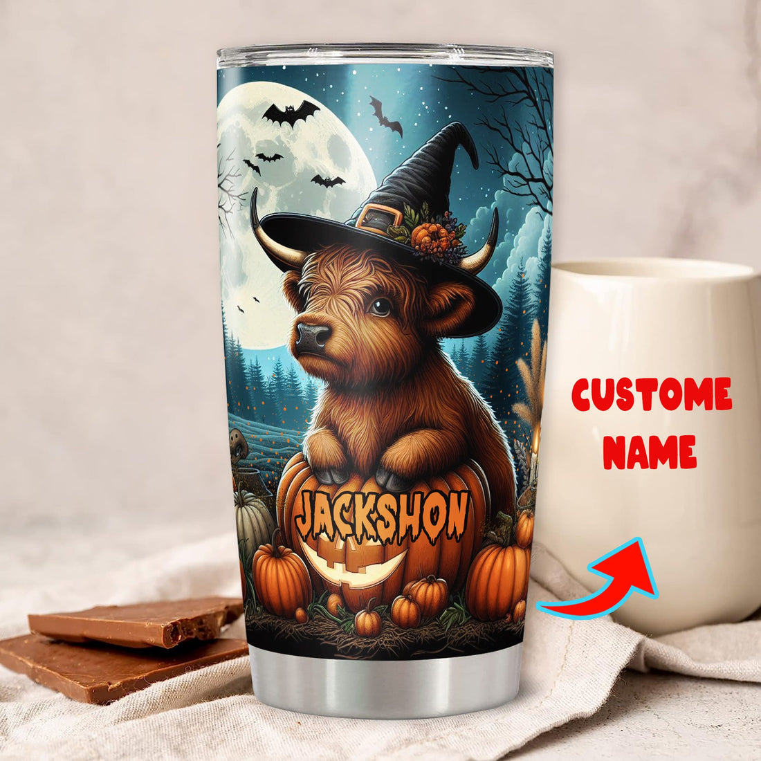 Personalized Highland Cow Halloween Tumbler Custom Name Cows Travel Mug Coffee Insulated Cup with Lid Stainless Steel 20Oz 30Oz Gifts for Women Men Girls Spooky Season